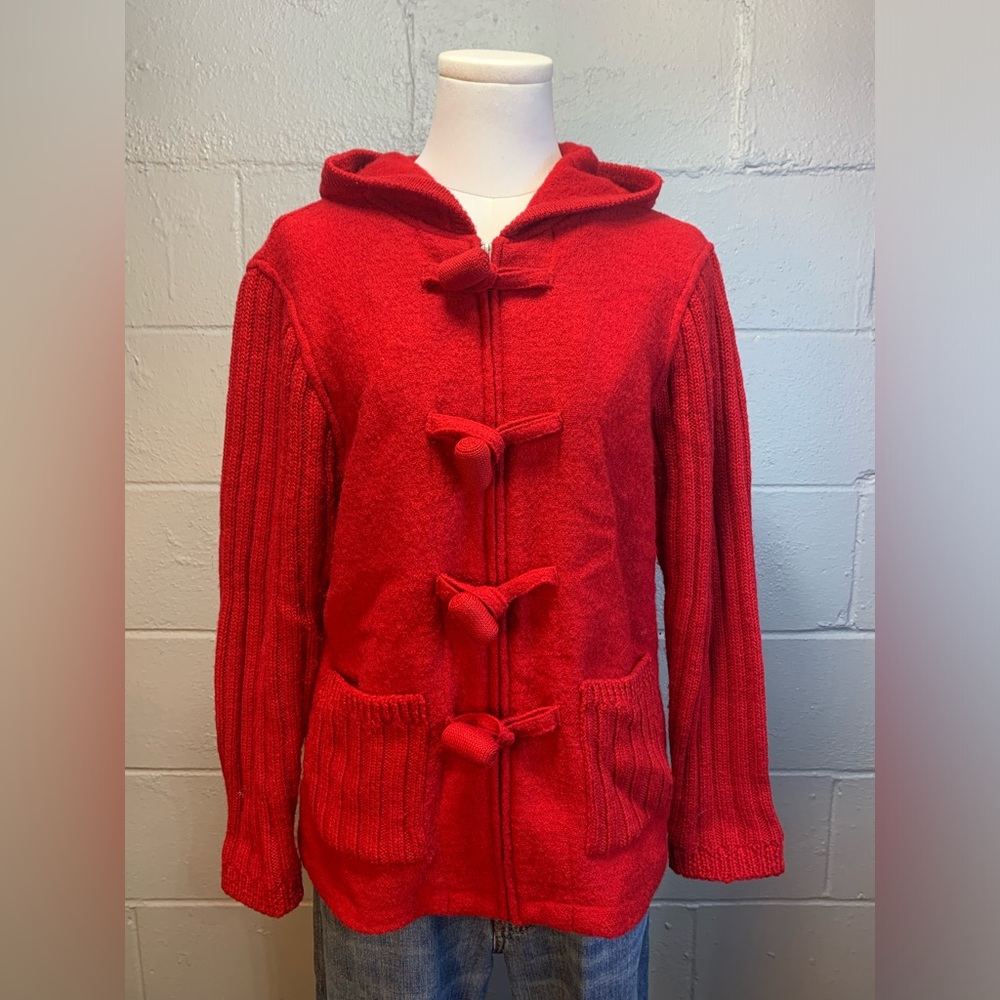 Coldwater Creek Red Boiled Wool Full Zip Cardigan Hooded Sweater Women's Small - Picture 1 of 7
